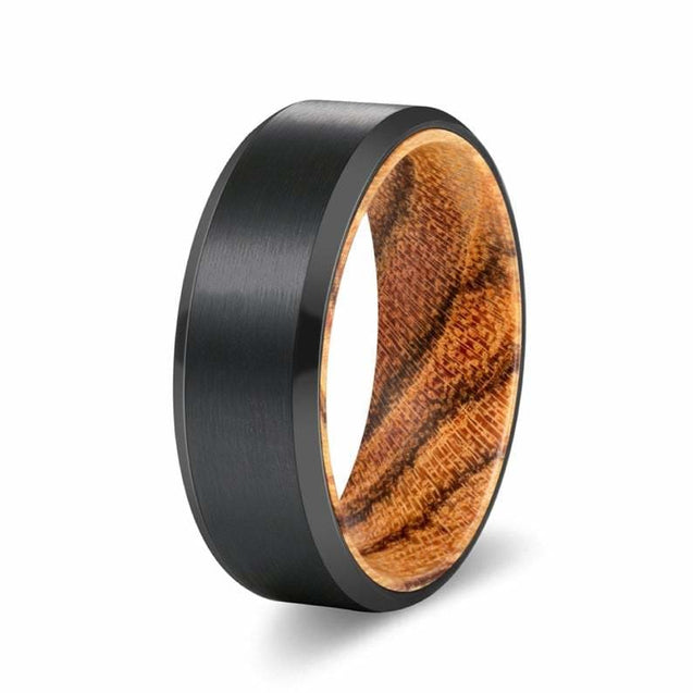 GERMEN Beveled Black Tungsten Carbide Ring w/ Bocote Wood Sleeve 8MM