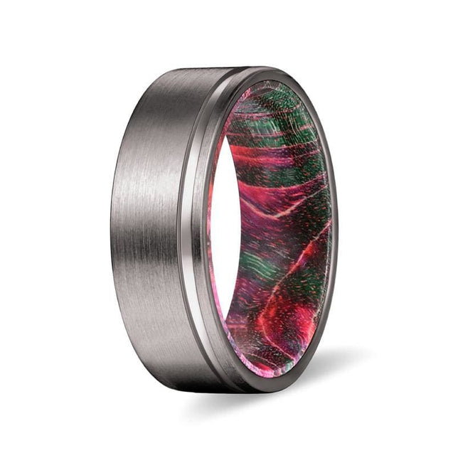 GERO Men’s Grooved Tungsten Ring w/ Red & Green Box Elder Wood Sleeve 8mm