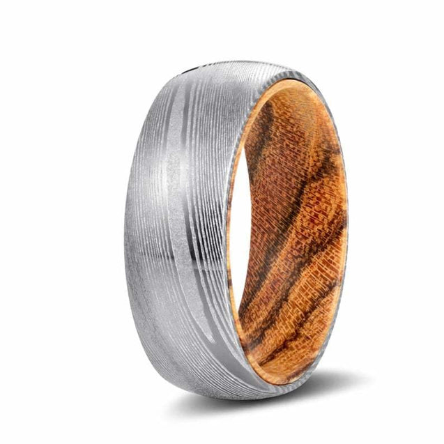 GRANT Domed Damascus Steel Wood Rings w/ Bocote Sleeve 8mm