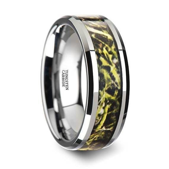 Green Marsh Camo Tungsten Wedding Ring Beveled Polished Finish - 8mm
