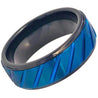 Grooved Finish Center Tungsten Ring Prussian Blue IP Plated Diagonally & Black Inner Stepped Edge - 8mm