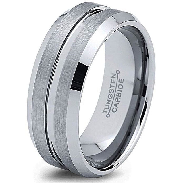 Grooved Tungsten Wedding Band with Beveled Edges and Brushed Polished Finish - 8mm