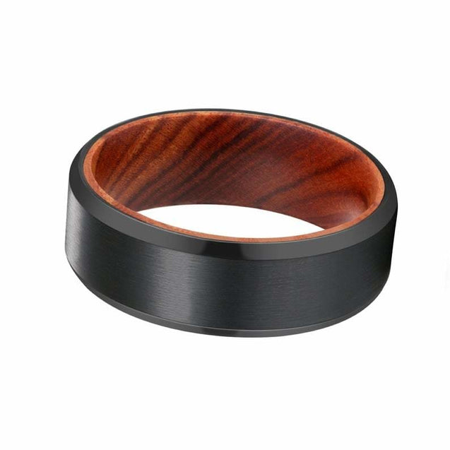 HECTOR Beveled Black Tungsten Carbide Ring with Iron Wood Sleeve 8MM