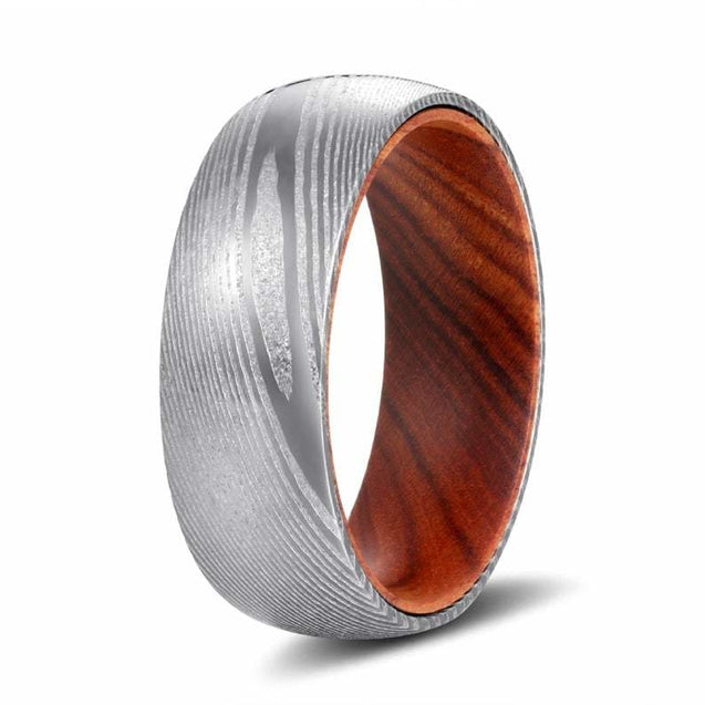 HEMI Men’s Domed Damascus Steel Ring with Iron Wood Sleeve 8mm