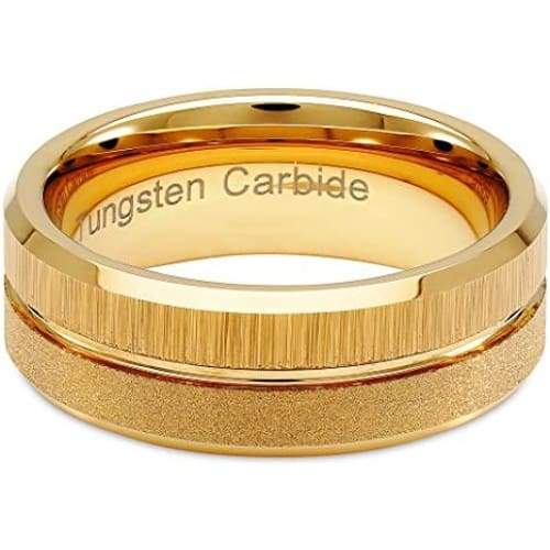 Holland Yellow Gold Inlaid Sandblast Brushed Grooved Men’s Tungsten Ring - 8mm