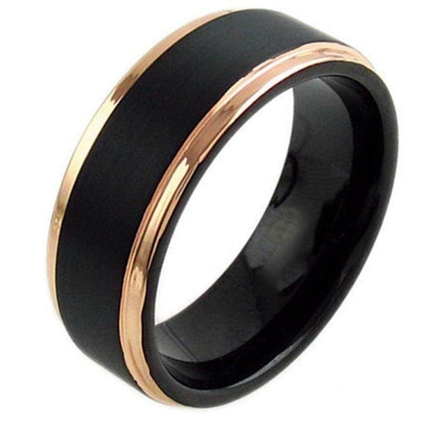 Honovi Exquisite Black Tungsten Ring Rose Gold Stepped Edges & Brushed Center 6mm - 8mm