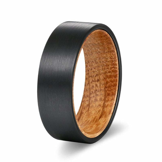HOWI Black Pipe Cut Tungsten Wedding Band w/ Whiskey Barrel Sleeve 8mm
