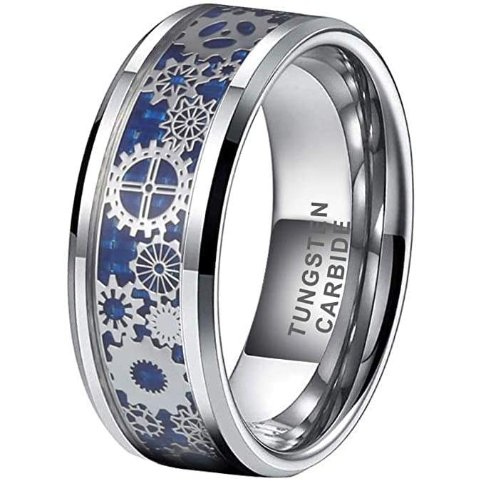 rings with gears HUGO Steampunk Gear Wheel Blue Carbon Fiber Inlaid Beveled Tungsten Ring