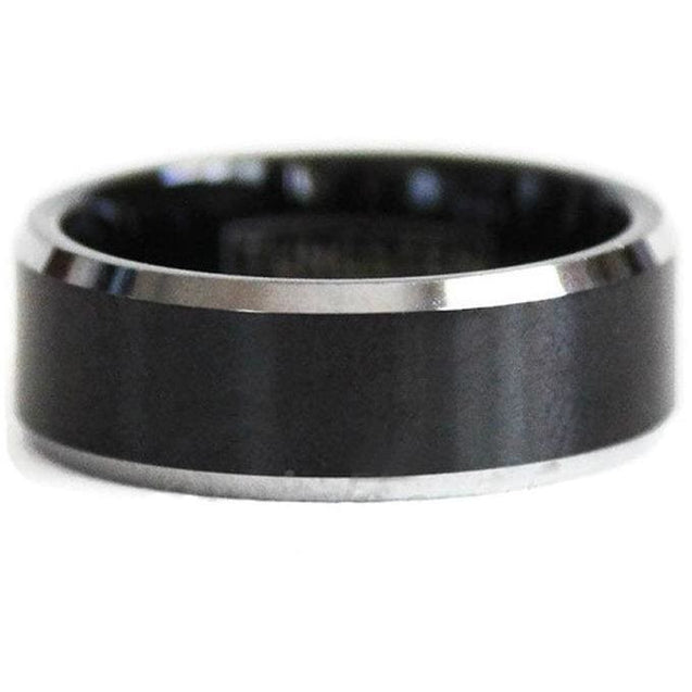 Imani Exquisite Black Tungsten Ring With Brushed Finish and Silver Beveled Edges 8mm