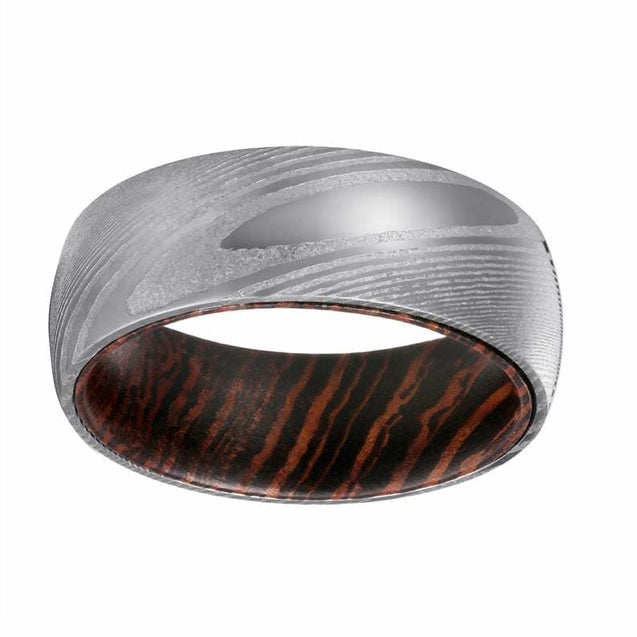 JABILO Domed Damascus Steel Ring for Him with Wenge Wood Sleeve - 8mm