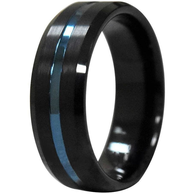 JALEN Black Tungsten Carbide Ring w/ Ion Plated Blue Stripe and Beveled Edges - 6mm & 8mm