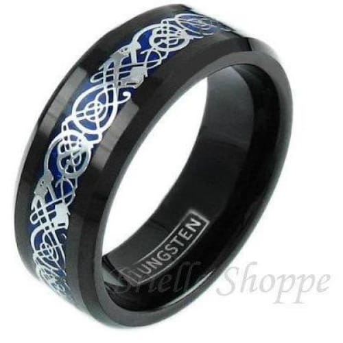 Jennis Tungsten Carbide Ring With Silver Celtic Dragon On Deep Dark Blue Inlay 8mm