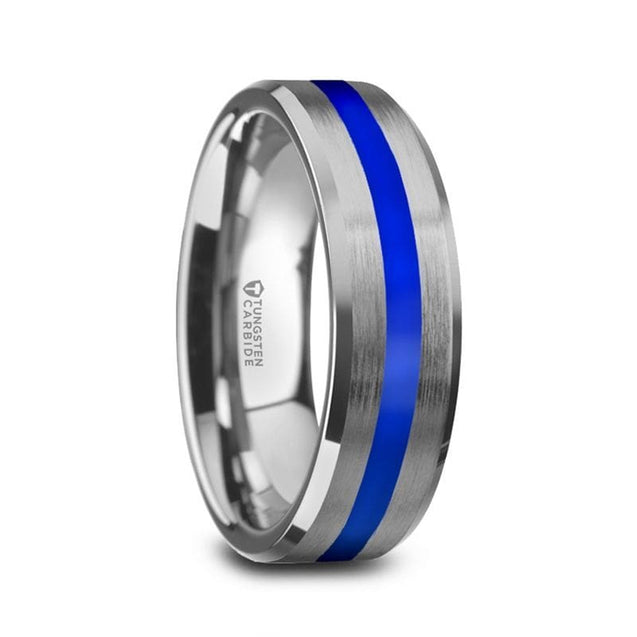 JUNO Men’s Tungsten Brushed Finish Wedding Ring With Blue Center Stripe - 8mm