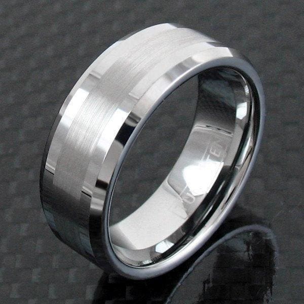 Kellan Tungsten Carbide Ring With Thin Brushed Center and High Polished Beveled Edges 8mm