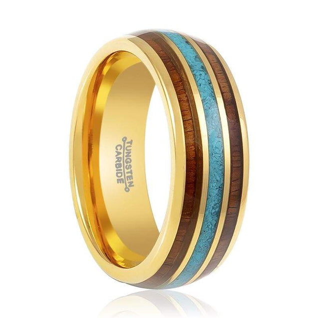 Kelso Gold Tungsten Ring with Rosewood and Crushed Turquoise Inlay - 8mm