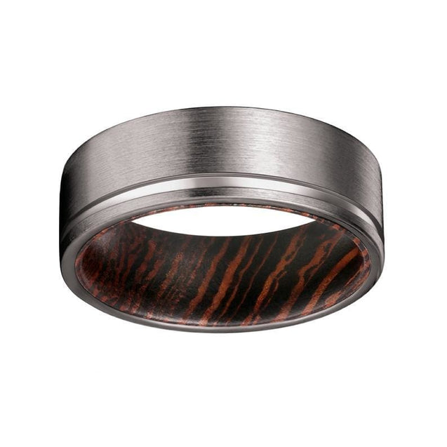 KENT Grooved Tungsten Ring For Men Brushed Finish with Wenge Wood Sleeve - 8MM