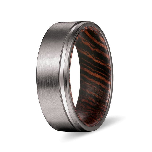 KENT Grooved Tungsten Ring For Men Brushed Finish with Wenge Wood Sleeve - 8MM