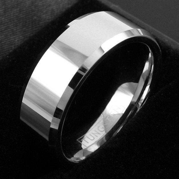 Kenzie Men’s Tungsten Wedding Band With High Polished Center and Beveled Edges 8mm