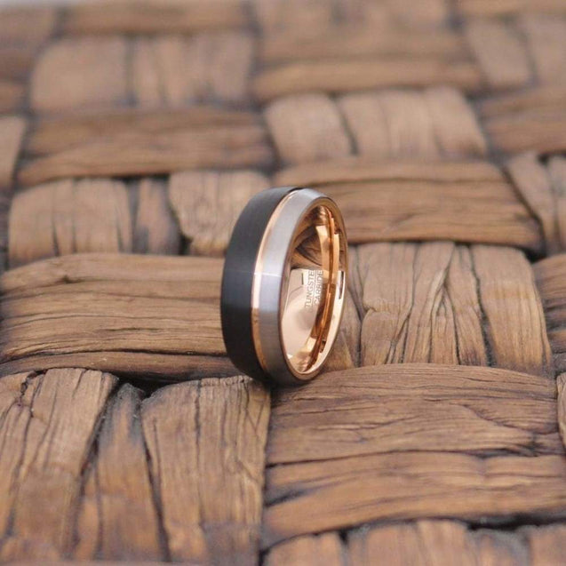 KIMO Two-Tone Tungsten Carbide Band with Rose Gold Grooved Center - 8MM