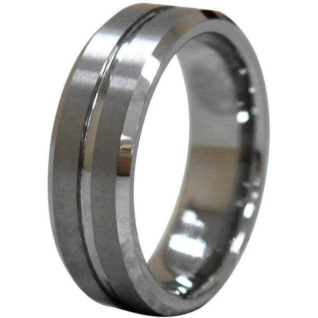 Kinsey Men’s Tungsten Wedding Band With Brushed Grooved Center and Beveled Edges 8mm