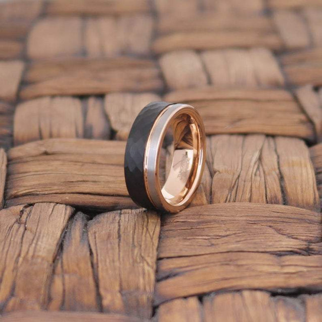 KONDO Half Faceted Tungsten Band with Off Set Rose Gold Groove Silver Brushed 8mm