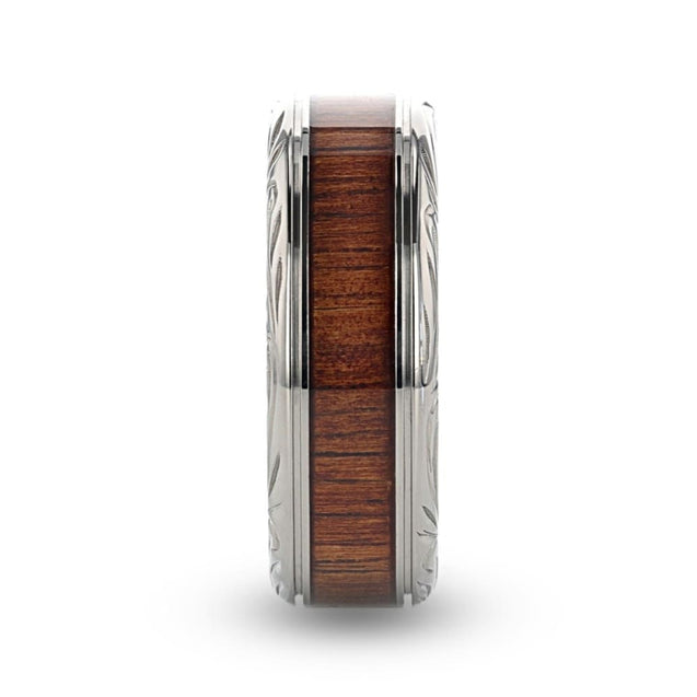 LAIE Koa Wood Inlaid Titanium Men’s Wedding Ring With Intricate Edges 6mm - 10mm