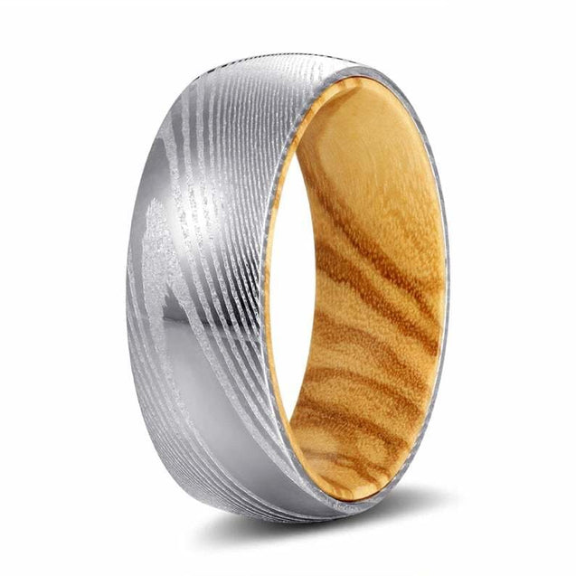 LANTO Men’s Domed Damascus Steel Ring with Olive Wood Sleeve 8MM