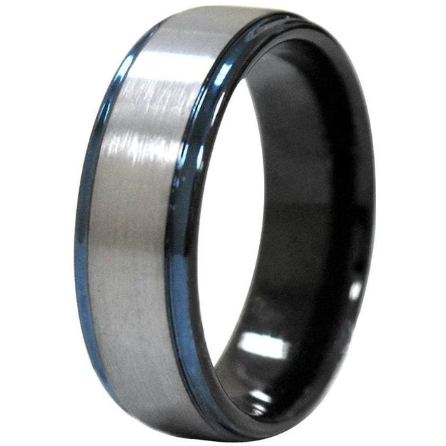 Leal Tungsten Wedding Band W/ Raised Brushed Center and Stepped Blue Edges 6mm & 8mm