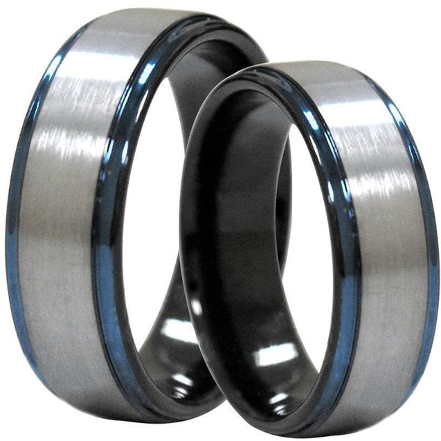 Leal Tungsten Wedding Band W/ Raised Brushed Center and Stepped Blue Edges 6mm & 8mm