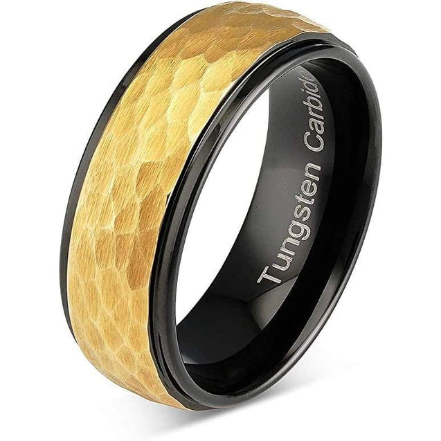 Lenox Black Tungsten Ring with Yellow Gold Inlaid hammered Center - 8mm