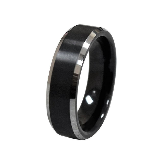 LEONE Black Tungsten Wedding Ring With Silver Plated Edges and Brushed Center 6mm