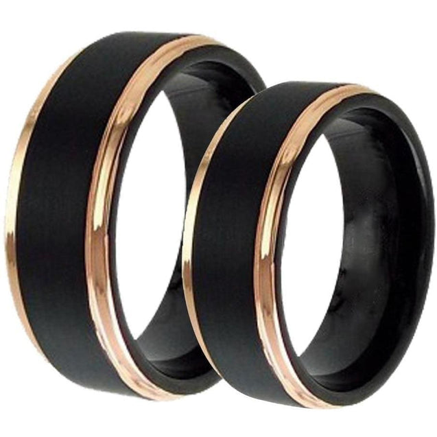 Linden Black Tungsten Wedding Band Set With Rose Gold Plated Stepped Edges - 6mm & 8mm