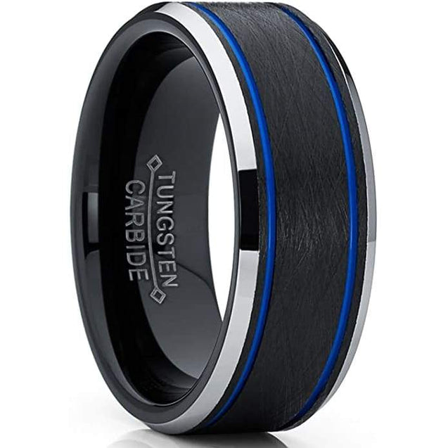 Lion Double Blue Grooved Silver Beveled Edges Black Brushed Tungsten Ring - 8mm