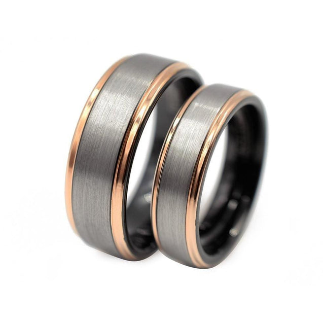 London Couples Tungsten Ring Set With Rose Gold Inlaid Stepped Edges and Brushed Center