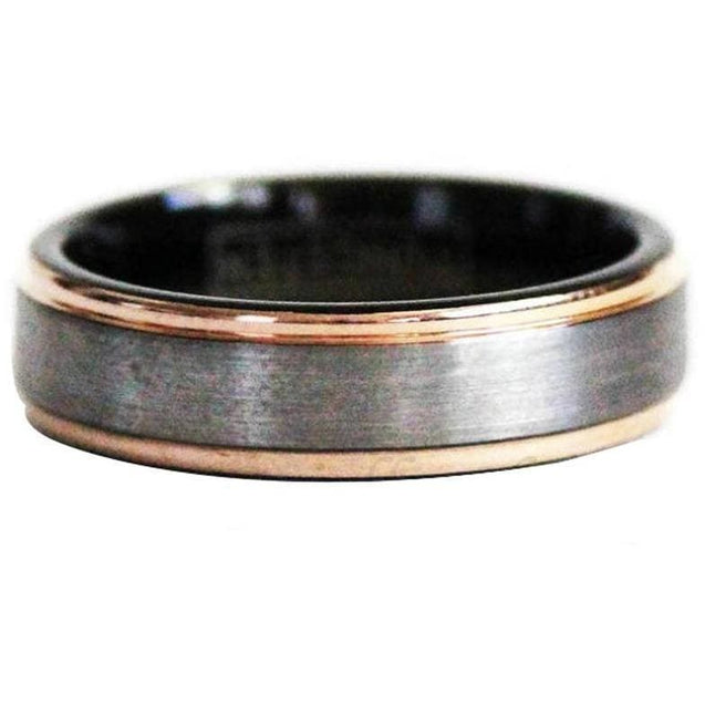 London Couples Tungsten Ring Set With Rose Gold Inlaid Stepped Edges and Brushed Center