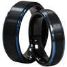 Mai Black Tungsten Wedding Band Set With Ion Plated Blue Stepped Edges - 6mm & 8mm