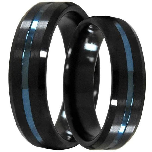 Marquise Beveled Black Tungsten Wedding Band Set With Blue Grooved Center 6mm & 8mm