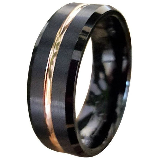 Maxime Black Tungsten Carbide Ring W/ Grooved Rose Gold Inlay and Beveled Edges 6mm & 8mm