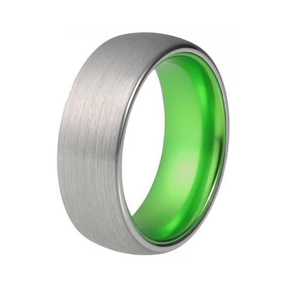 Mens Acid Green Tungsten Wedding Ring Brushed Silver Inlay- 8mm