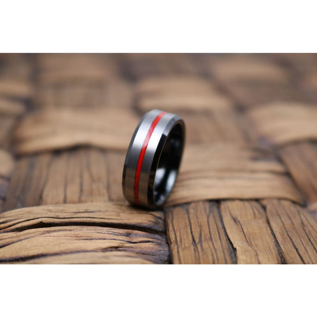 Men’s Beveled Black Tungsten Carbide Wedding Ring with Red Stripe Center - 8mm