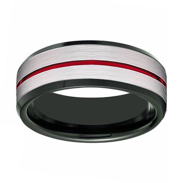 Men’s Beveled Black Tungsten Carbide Wedding Ring with Red Stripe Center - 8mm