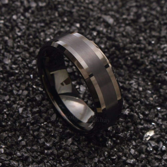 Men’s Beveled Black Tungsten Wedding Band Brushed Center - 8mm