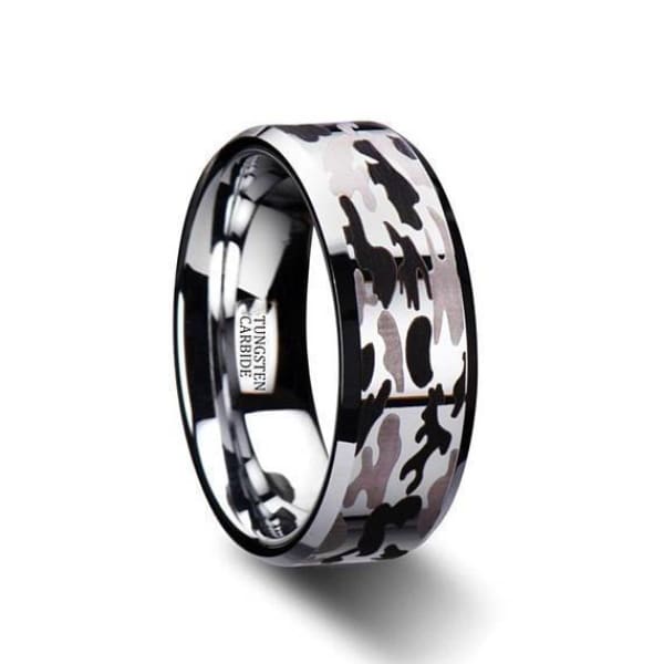 Men’s Beveled Tungsten Black & Grey Camo Pattern Wedding Ring - 8 mm