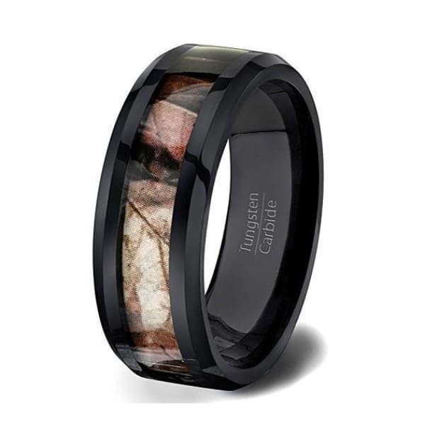 Mens Black Carbide Tungsten Wedding Ring Forest Camo Comfort Fit Beveled Edge - 8mm