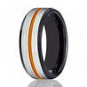 Men’s Black Tungsten Carbide Ring with Brushed Silver Center and Orange Groove 8mm