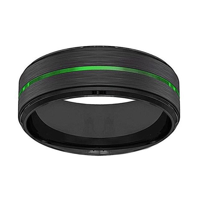 Men’s Black Tungsten Carbide Wedding Ring with Acid Green Grooved Center 8mm