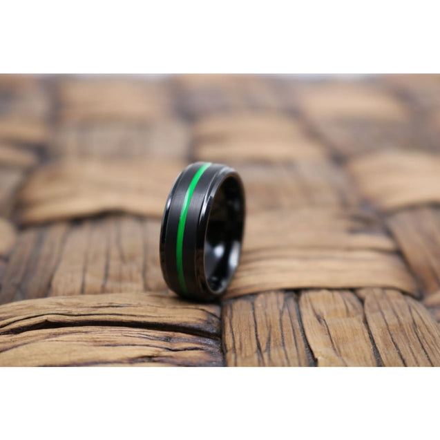 Men’s Black Tungsten Carbide Wedding Ring with Acid Green Grooved Center 8mm