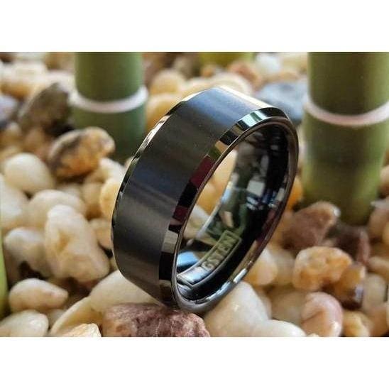 Men’s Black Tungsten Ring w/ Brushed Finish and High Polished Beveled Edges 6mm & 8mm