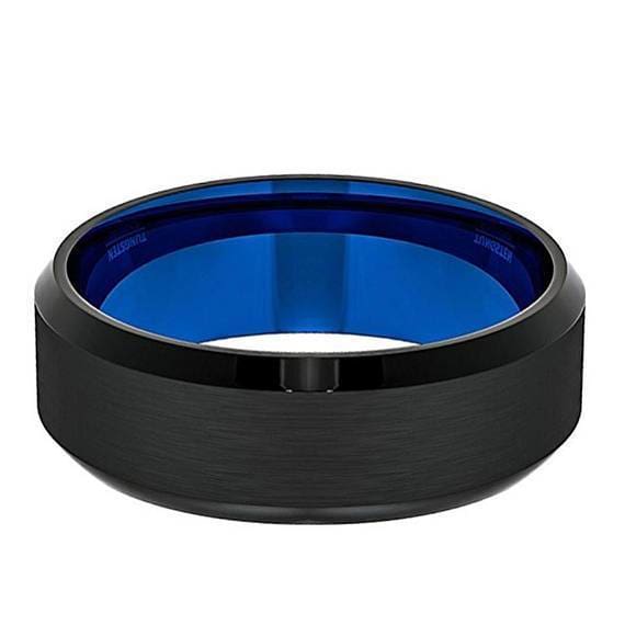 Men’s Black Tungsten Wedding Band With Beveled Edges and Blue Inside - 8 mm