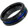 Mens Black Tungsten Wedding Band With Blue Grooved Center High Polish - 8mm